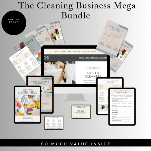 Complete Cleaning Services Canva Template Bundle - showcasing various templates for website, flyers, price list, contract, social media posts, and eBook